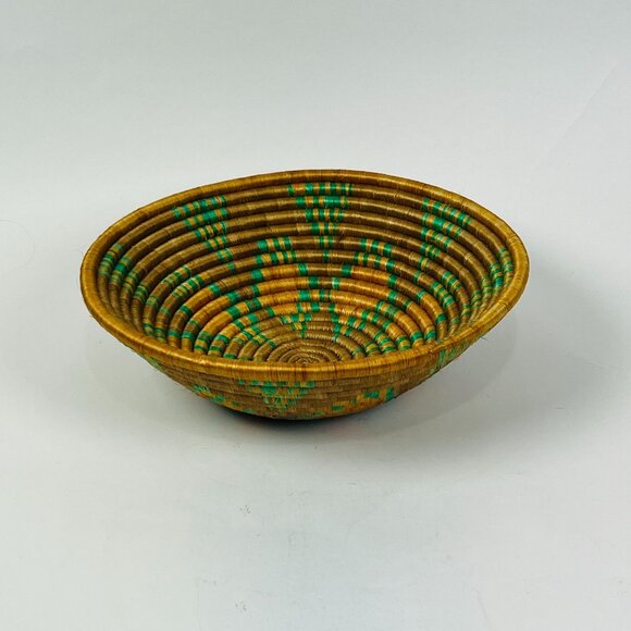 African Geometric Coiled Bowl Basket 12"  Greenish Brown Basket - Picture 1 of 7